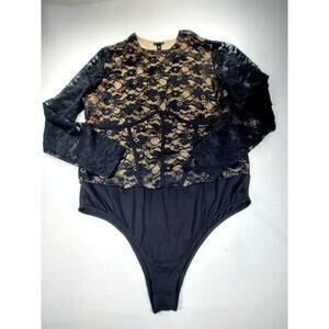 Torrid Black Lace Bodysuit 1 Shear Sleeve High Neck Ribbed Stretch Romantic